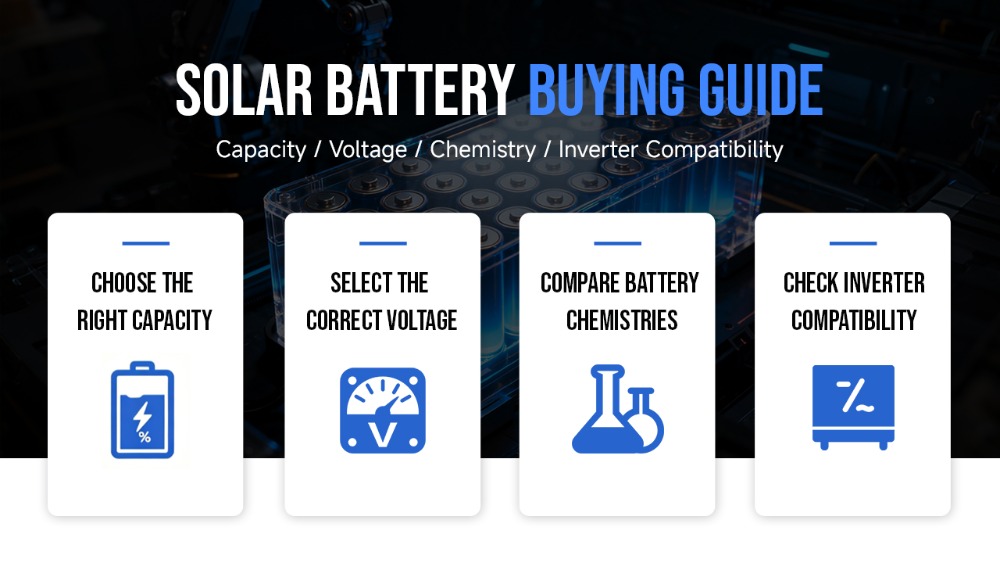 Solar Battery Buying Guide: Capacity, Voltage, Chemistry, and Inverter Compatibility Solar Battery Buying Guide: Capacity, Voltage, Chemistry, and Inverter Compatibility