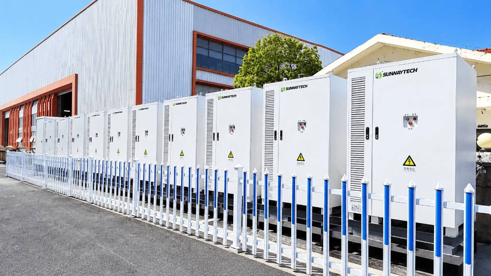 Sunway outdoor battery storage cabinets installed beside an industrial facility