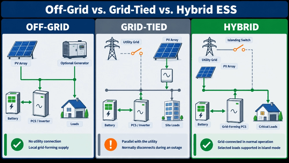 Off-grid, grid-tied, and hybrid ESS comparison